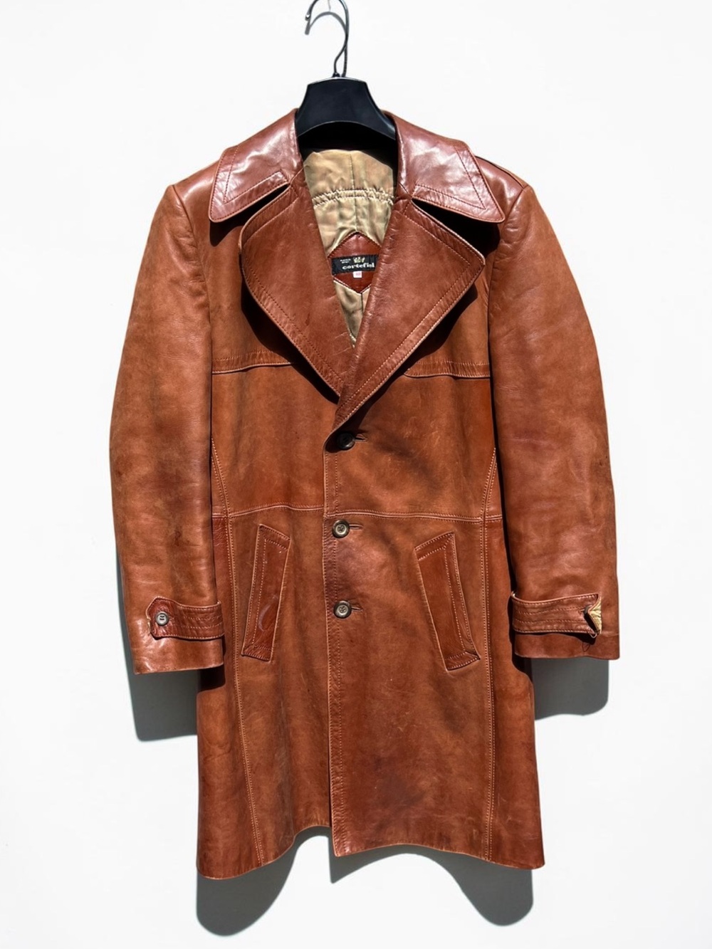 🌻Vintage 1970s Cortefiel Leather Car Coat Brown Made in Spain 3 Button Trench
